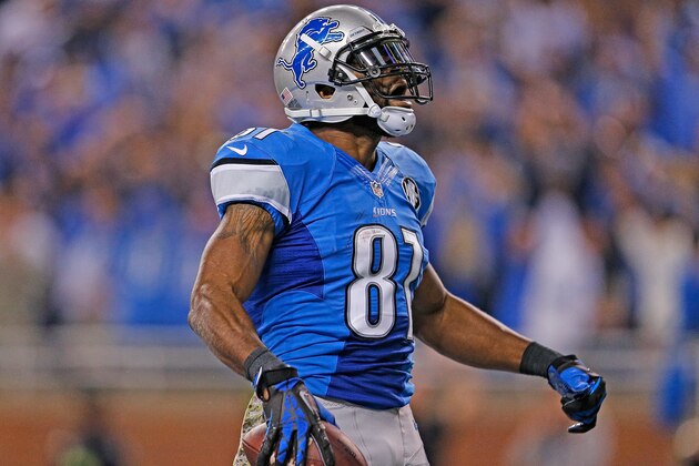 DETROIT, MI - NOVEMBER 09: Calvin Johnson #81 of the Detroit Lions celebrates after first quarter touchdown during the game against the Miami Dolphins at Ford Field on November 09 , 2014 in Detroit, Michigan. (Photo by Leon Halip/Getty Images)
