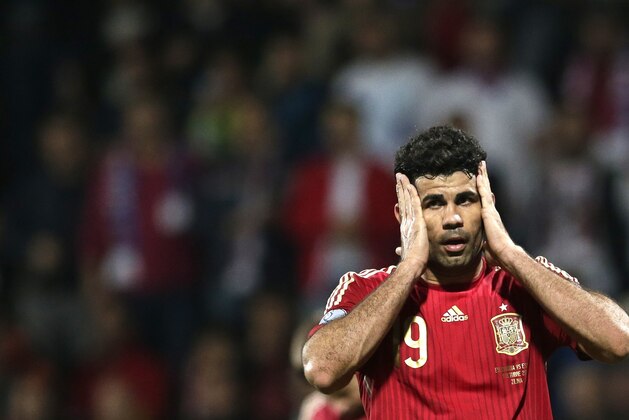Diego Costa from Spain reacts during the Group C Euro 2016 qualifying match between Slovakia and Spain in Zilina, Slovakia, Thursday, Oct. 9, 2014. (AP Photo/Petr David Josek)