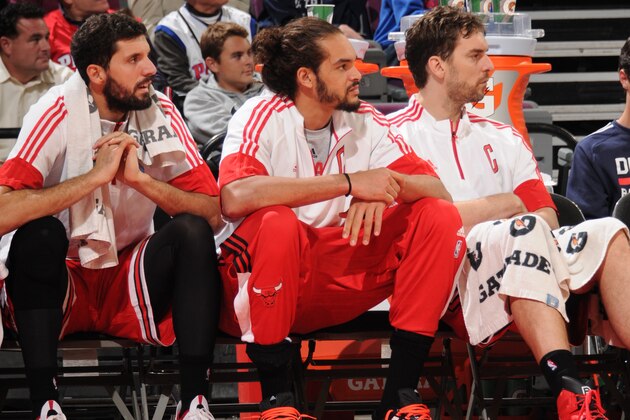 AUBURN HILLS, MI - OCTOBER 7:  Nikola Mirotic #44, Joakim Noah #13 and Pau Gasol #16 of the Chicago Bulls watch during the game against the Detroit Pistons on October 7, 2014 at The Palace of Auburn Hills in Auburn Hills, Michigan. NOTE TO USER: User expressly acknowledges and agrees that, by downloading and/or using this photograph, User is consenting to the terms and conditions of the Getty Images License Agreement.  Mandatory Copyright Notice: Copyright 2014 NBAE (Photo by D. Williams/Einstein/NBAE via Getty Images)