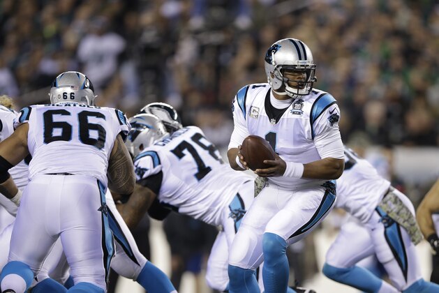 Carolina Panthers' Cam Newton is seen during an NFL football game against the Philadelphia Eagles on Monday, Nov. 10, 2014, in Philadelphia. (AP Photo/Michael Perez)