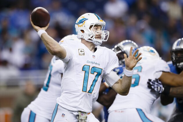 Miami Dolphins quarterback Ryan Tannehill (17) passes the ball against the Detroit Lions during an NFL football game at Ford Field in Detroit, Sunday, Nov. 9, 2014. (AP Photo/Rick Osentoski)