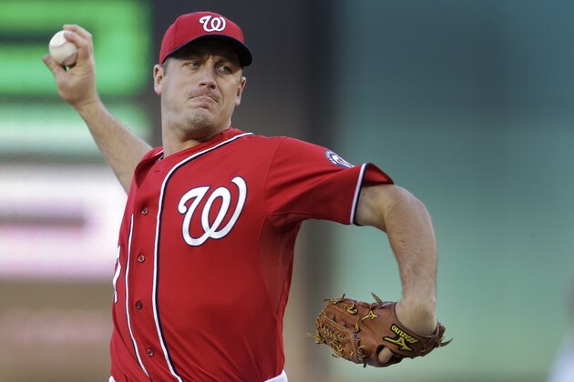 Washington Nationals starting pitcher Jordan Zimmermann (27) throws in the first inning in Game 2 of baseball's NL Division Series against the San Francisco Giants at Nationals Park, Saturday, Oct. 4, 2014, in Washington. (AP Photo/Mark Tenally)