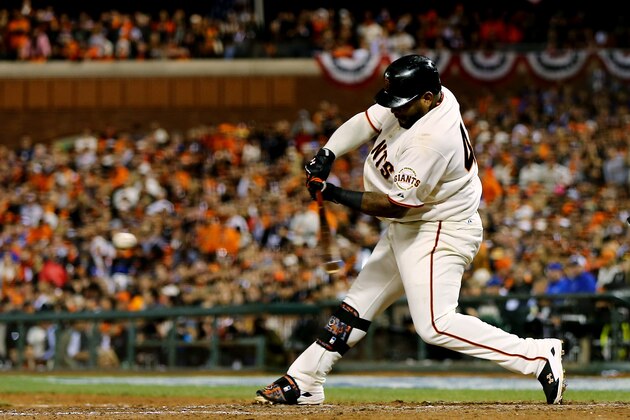 SAN FRANCISCO, CA - OCTOBER 26:  Pablo Sandoval #48 of the San Francisco Giants hits a single in the eighth inning against the Kansas City Royals during Game Five of the 2014 World Series at AT&T Park on October 26, 2014 in San Francisco, California.  (Photo by Elsa/Getty Images)