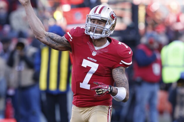 Colin Kapernick (7) of the San Francisco 49ers in action during the third quarter of an NFL game against the Seattle Seahawks at Candlestick Park in San Francisco on Sunday, Dec. 8, 2013. (AP Photo/David Seelig)