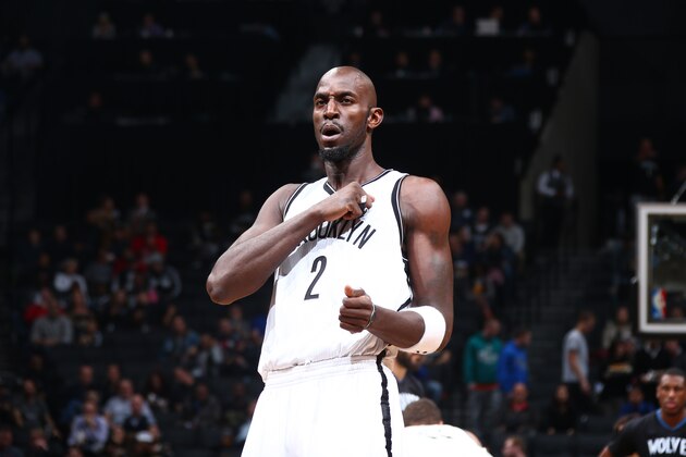 BROOKLYN, NY - NOVEMBER 5:  Kevin Garnett #2 of the Brooklyn Nets celebrates during the game against the Minnesota Timberwolves on November 5, 2014 at Barclays Center in Brooklyn, New York. NOTE TO USER: User expressly acknowledges and agrees that, by downloading and or using this Photograph, user is consenting to the terms and conditions of the Getty Images License Agreement. Mandatory Copyright Notice: Copyright 2014 NBAE (Photo by Nathaniel S. Butler/NBAE via Getty Images)