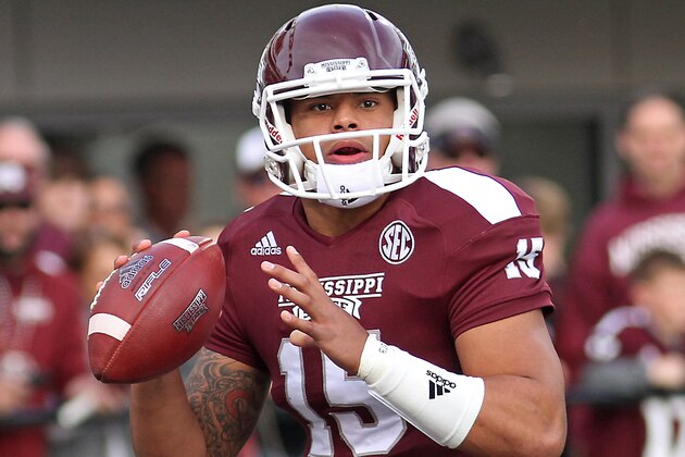 Mississippi State quarterback Dak Prescott (15) looks down field for a receiver during the first half of an NCAA college football game with UT-Martin in Starkville, Miss., Saturday, Nov. 8, 2014. (AP Photo/Jim Lytle)