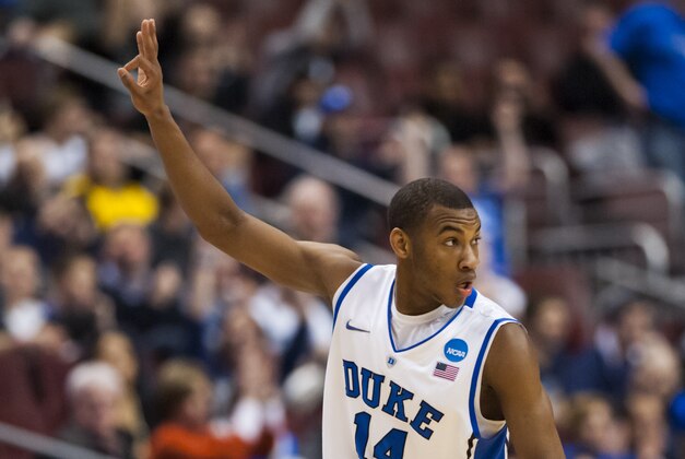 Mar 24, 2013; Philadelphia, PA, USA; Duke Blue Devils guard Rasheed Sulaimon (14) celebrates making a three pointer during the second half against the Creighton Bluejays during the third round of the NCAA basketball tournament at Wells Fargo Center. Duke defeated Creighton 66-50. Mandatory Credit: Howard Smith-USA TODAY Sports