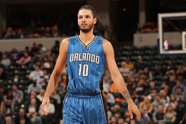 INDIANAPOLIS - OCTOBER 10: Evan Fournier #10 of the Orlando Magic during the game against the Indiana Pacers at Bankers Life Fieldhouse on October 10, 2014 in Indianapolis, Indiana.  NOTE TO USER: User expressly acknowledges and agrees that, by downloading and or using this Photograph, user is consenting to the terms and condition of the Getty Images License Agreement. Mandatory Copyright Notice: 2014 NBAE  (Photo by Ron Hoskins/NBAE via Getty Images)