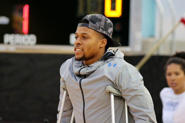 Isaiah Briscoe from Roselle Catholic is introduced before the Under Armour Elite 24 Skills Competition on Friday, August 22, 2014 in New York, NY.  (AP Photo/Gregory Payan)