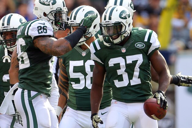 Nov 9, 2014; East Rutherford, NJ, USA; New York Jets free safety Jaiquawn Jarrett (37) reacts after recovering a fumble against the Pittsburgh Steelers during the first quarter at MetLife Stadium. Mandatory Credit: Adam Hunger-USA TODAY Sports