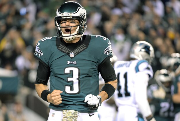 Nov 10, 2014; Philadelphia, PA, USA; Philadelphia Eagles quarterback Mark Sanchez (3) reacts after the Eagles scored a touchdown against the Carolina Panthers during the third quarter at Lincoln Financial Field. Mandatory Credit: Eric Hartline-USA TODAY Sports