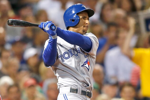jays v BOSTON, MA - JULY 29: Anthony Gose #8 of the Toronto Blue Jays doubles in two runs in the fourth inning against the Boston Red Sox at Fenway Park on July 29, 2014 in Boston, Massachusetts.  (Photo by Jim Rogash/Getty Images)