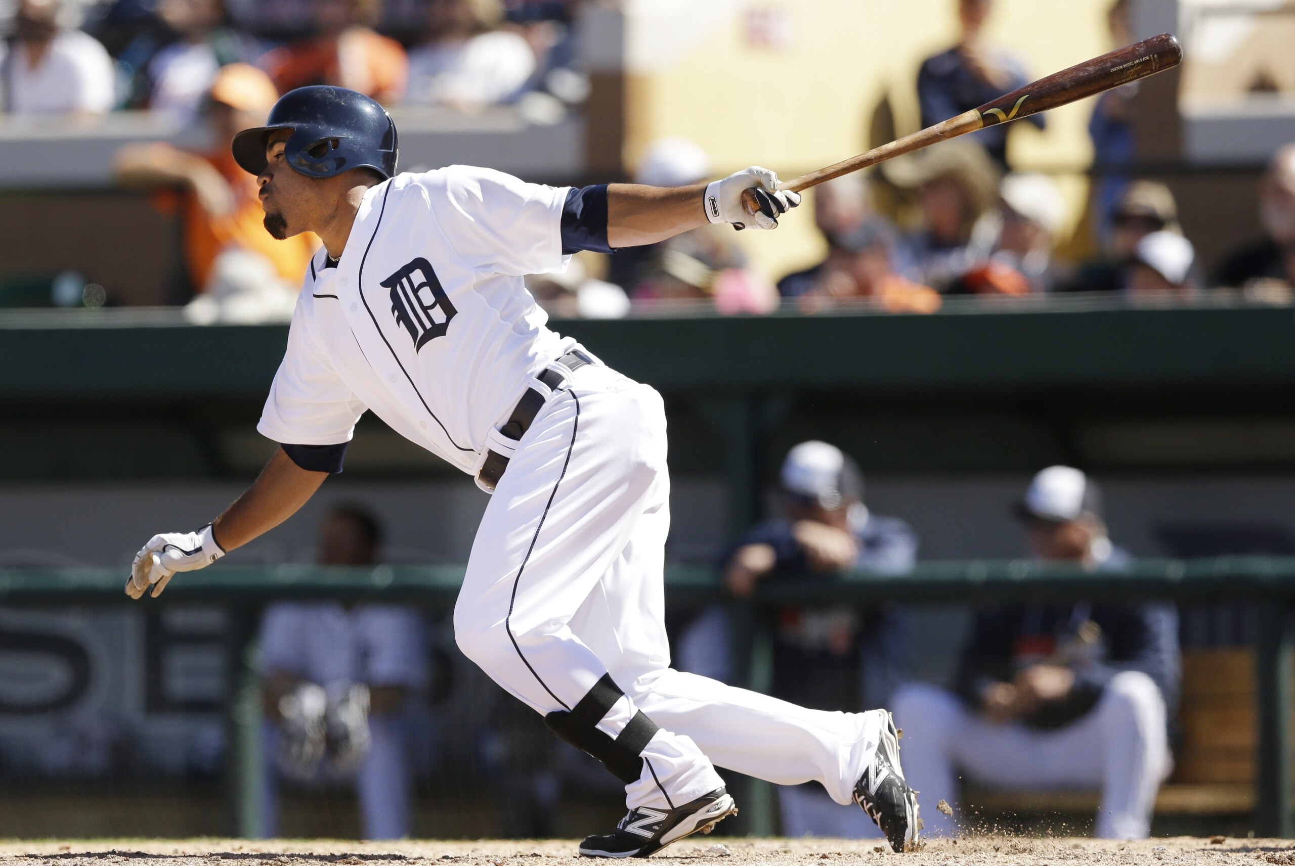 Detroit Tigers' Devon Travis bats during the seventh inning of a spring exhibition baseball game against the Miami Marlins in Lakeland, Fla., Thursday, March 13, 2014. (AP Photo/Carlos Osorio)
