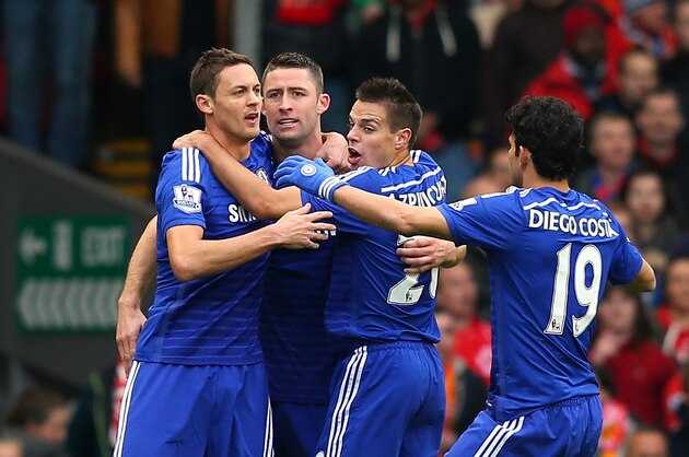 LIVERPOOL, ENGLAND - NOVEMBER 08:  Gary Cahill of Chelsea celebrates his goal with team mates during the Barclays Premier League match between Liverpool and Chelsea at Anfield on November 8, 2014 in Liverpool, England.  (Photo by Alex Livesey/Getty Images)