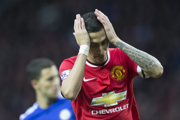 Manchester United's Angel Di Maria reacts after a missed opportunity during his team's English Premier League soccer match between Manchester United and Chelsea at Old Trafford Stadium, Manchester, England, Sunday Oct. 26, 2014. (AP Photo/Jon Super)