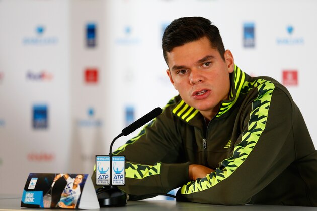 LONDON, ENGLAND - NOVEMBER 13:  Milos Raonic of Canada speaks at a press conference after pulling out of the tournament with an injury on day five of the Barclays ATP World Tour Finals at O2 Arena on November 13, 2014 in London, England.  (Photo by Julian Finney/Getty Images)