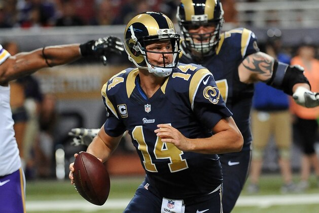 St. Louis Rams quarterback Shaun Hill scrambles during the second quarter an NFL football game against the Minnesota Vikings Sunday, Sept. 7, 2014, in St. Louis. (AP Photo/L.G. Patterson)