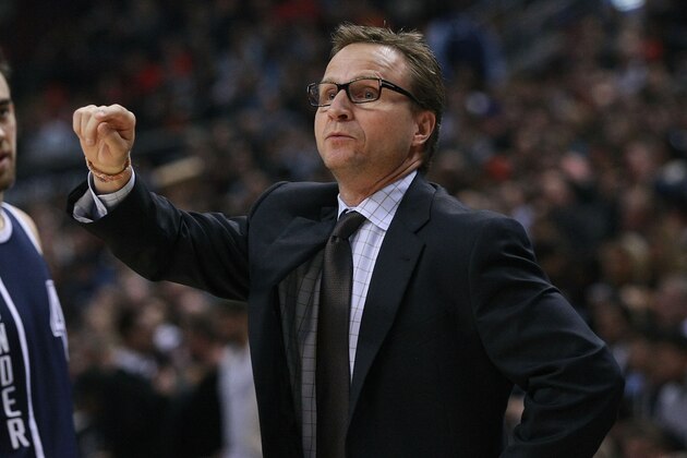 TORONTO, ON - NOVEMBER 4:  Head Coach Scott Brooks of the Oklahoma City Thunder looks on as his team faces the Toronto Raptors during their game at Air Canada Centre on November 4, 2014 in Toronto, Canada. NOTE TO USER: User expressly acknowledges and agrees that, by downloading and/or using this photograph, user is consenting to the terms and conditions of the Getty Images License Agreement. Mandatory copyright notice.(Photo by Dave Sandford/Getty Images)