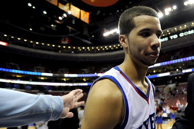 Philadelphia 76ers' Michael Carter-Williams is seen during the second half of an NBA basketball game against the Boston Celtics on Monday, April 14, 2014, in Philadelphia. The 76ers won 113-108. (AP Photo/Michael Perez)