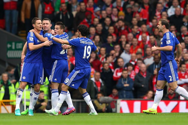 LIVERPOOL, ENGLAND - NOVEMBER 08:  Gary Cahill of Chelsea celebrates his goal with team mates during the Barclays Premier League match between Liverpool and Chelsea at Anfield on November 8, 2014 in Liverpool, England.  (Photo by Alex Livesey/Getty Images)