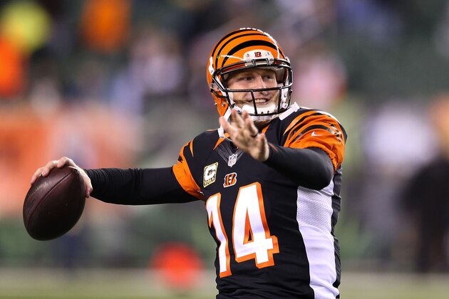 CINCINNATI, OH - NOVEMBER 6 : Andy Dalton #14 of the Cincinnati Bengals warms up prior to the start of the game against the Cleveland Browns at Paul Brown Stadium on November 6, 2014 in Cincinnati, Ohio. (Photo by Andy Lyons/Getty Images)