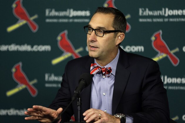St. Louis Cardinals general manager John Mozeliak speaks during a news conference about the signing of  free agent shortstop Jhonny Peralta Monday, Nov. 25, 2013, in St. Louis. The baseball team has announced they have signed Peralta to a four-year contract through the 2017 season. (AP Photo/Jeff Roberson)