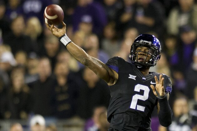FORT WORTH, TX - NOVEMBER 8:  Trevone Boykin #2 of the TCU Horned Frogs drops back to pass against the Kansas State Wildcats during the 2nd quarter on November 8, 2014 at Amon G. Carter Stadium in Fort Worth, Texas.  (Photo by Cooper Neill/Getty Images)