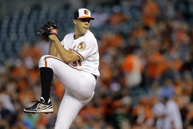 Baltimore Orioles starting pitcher Ubaldo Jimenez throws to the Toronto Blue Jays in the first inning of a baseball game, Tuesday, Sept. 16, 2014, in Baltimore. (AP Photo/Patrick Semansky)