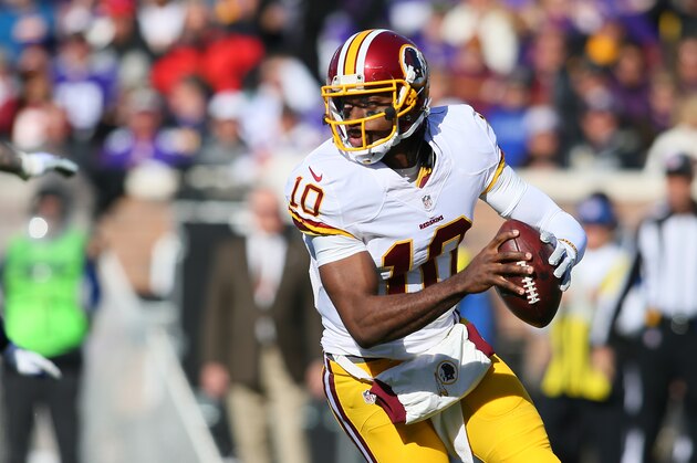 MINNEAPOLIS, MN - NOVEMBER 2:  Robert Griffin III #10 of the Washington Redskins looks to pass the ball against the Minnesota Vikings during the first quarter on November 2, 2014 at TCF Bank Stadium in Minneapolis, Minnesota. (Photo by Adam Bettcher/Getty Images)