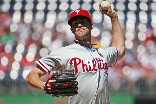 Philadelphia Phillies starting pitcher Cole Hamels throws during the first inning of a baseball game against the Washington Nationals at Nationals Park, Sunday, Sept. 7, 2014, in Washington. (AP Photo/Alex Brandon)