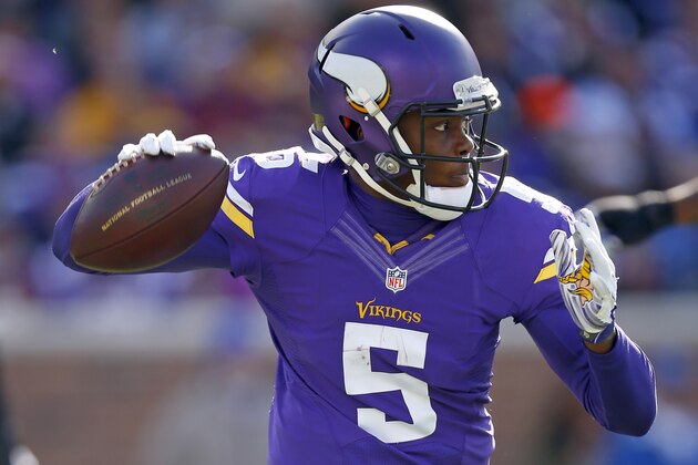 Minnesota Vikings quarterback Teddy Bridgewater (5) throws a p[ass against the Washington Redskins during an NFL football game, Sunday, Nov. 2, 2014, in Minneapolis. (Jeff Haynes/AP Images for Panini)