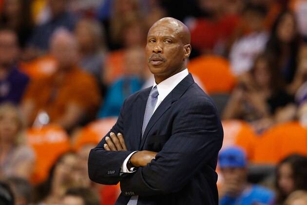 PHOENIX, AZ - OCTOBER 29:  Byron Scott of the Los Angeles Lakers watches from the bench during the NBA game against the Phoenix Suns at US Airways Center on October 29, 2014 in Phoenix, Arizona.  The Suns defeated the Lakers 119-99.  NOTE TO USER: User expressly acknowledges and agrees that, by downloading and or using this photograph, User is consenting to the terms and conditions of the Getty Images License Agreement.  (Photo by Christian Petersen/Getty Images)