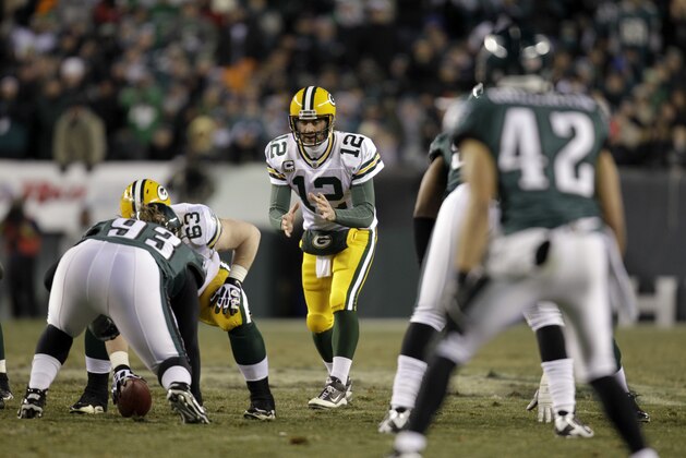 Green Bay Packers quarterback Aaron Rodgers (12) during the first half of an NFL wild card playoff football game against the Philadelphia Eagles in Philadelphia, Sunday, Jan. 9, 2011. (AP Photo/Rob Carr)