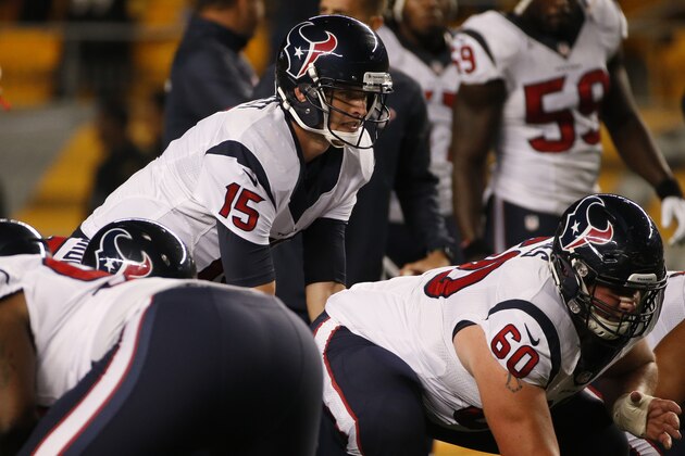 Houston Texans' Ryan Mallett (15) takes a snap during pre-game warm ups before an  NFL football game against the Pittsburgh Steelers, Monday, Oct. 20, 2014 in Pittsburgh. (AP Photo/Gene J. Puskar)