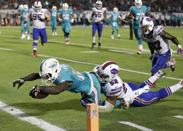 Miami Dolphins wide receiver Jarvis Landry (14) stretches out for a touchdown as he is tackled by Buffalo Bills inside linebacker Preston Brown (52) during the second half of an NFL football game, Thursday, Nov. 13, 2014 in Miami Gardens, Fla. (AP Photo/Alan Diaz)
