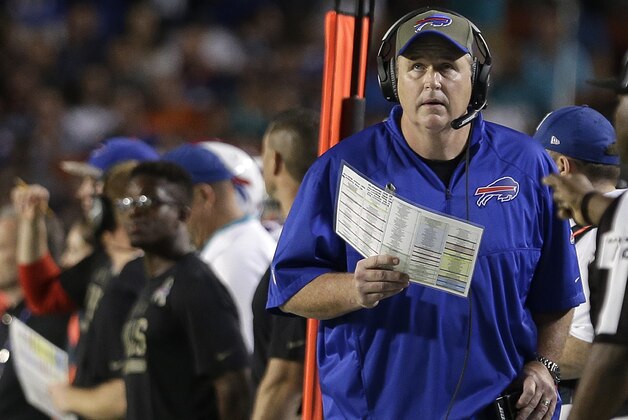 Buffalo Bills coach Doug Marrone looks up during the first half of the Bills' NFL football game against the Miami Dolphins, Thursday, Nov. 13, 2014, in Miami Gardens, Fla. (AP Photo/Alan Diaz)