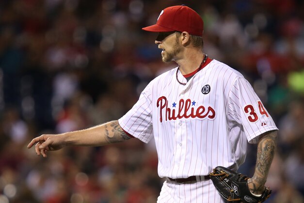 Philadelphia Phillies starting pitcher A.J. Burnett in action during a baseball game with the Atlanta Braves, Saturday, Sept. 27, 2014, in Philadelphia. (AP Photo/Laurence Kesterson)