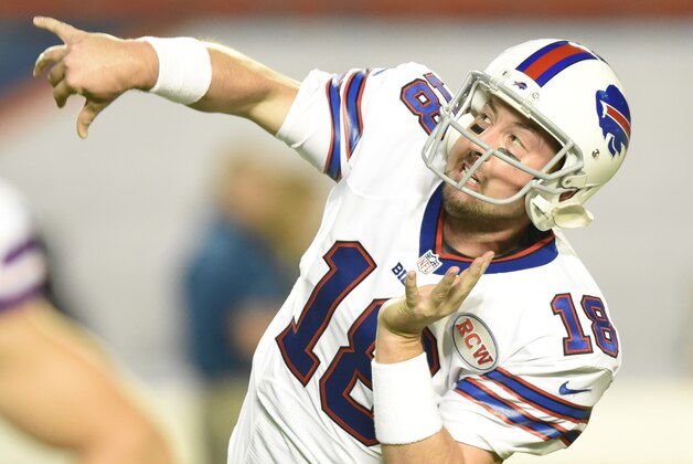 Nov 13, 2014; Miami Gardens, FL, USA; Buffalo Bills quarterback Kyle Orton (18) prior to the game against the Miami Dolphins at Sun Life Stadium. Mandatory Credit: Brad Barr-USA TODAY Sports