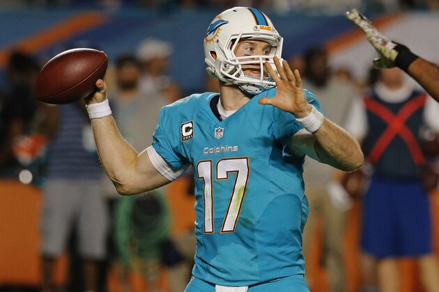 MIAMI GARDENS, FL - NOVEMBER 13:  Quarterback Ryan Tannehill #17 of the Miami Dolphins throws against the Buffalo Bills in the second quarter in a game at Sun Life Stadium on November 13, 2014 in Miami Gardens, Florida.  (Photo by Joel Auerbach/Getty Images)