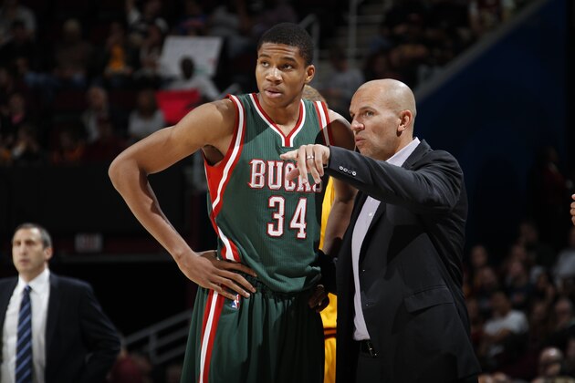 CLEVELAND, OH - OCTOBER 14:  Head Coach Jason Kidd of the Milwaukee Bucks talks with Giannis Antetokounmpo #34 during the game against the Cleveland Cavaliers at The Quicken Loans Arena on October 14, 2014 in Cleveland, Ohio. NOTE TO USER: User expressly acknowledges and agrees that, by downloading and/or using this Photograph, user is consenting to the terms and conditions of the Getty Images License Agreement. Mandatory Copyright Notice: Copyright 2014 NBAE (Photo by Gregory Shamus/NBAE via Getty Images)