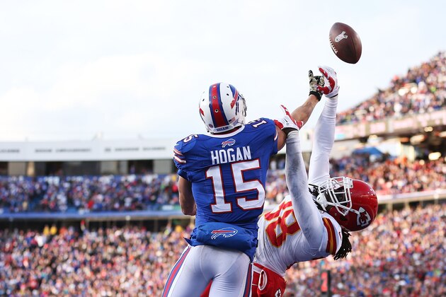ORCHARD PARK, NY - NOVEMBER 09:   Chris Hogan #15 of the Buffalo Bills has a pass broken up by Ron Parker #38 of the Kansas City Chiefs during the second half at Ralph Wilson Stadium on November 9, 2014 in Orchard Park, New York.  (Photo by Brett Carlsen/Getty Images)