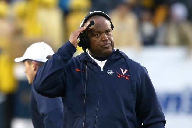 Nov 1, 2014; Atlanta, GA, USA; Virginia Cavaliers head coach Mike London reacts late in the fourth quarter of their game against the Georgia Tech Yellow Jackets at Bobby Dodd Stadium. Georgia Tech won 35-10. Mandatory Credit: Jason Getz-USA TODAY Sports