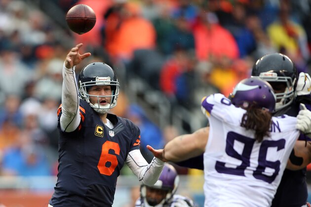 Sep 15, 2013; Chicago, IL, USA; Chicago Bears quarterback Jay Cutler (6) throws a pass against the Minnesota Vikings during the second quarter at Soldier Field. Mandatory Credit: Jerry Lai-USA TODAY Sports