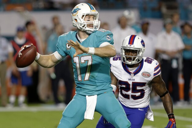 Miami Dolphins quarterback Ryan Tannehill (17) looks for an open receiver as Buffalo Bills strong safety Da'Norris Searcy (25) closes in during the first half of an NFL football game, Thursday, Nov. 13, 2014, in Miami Gardens, Fla. (AP Photo/Alan Diaz)