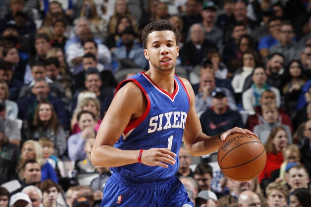 DALLAS, TX - NOVEMBER 13: Michael Carter-Williams #1 of the Philadelphia 76ers handles the ball against the Dallas Mavericks on November 13, 2014 at the American Airlines Center in Dallas, Texas. NOTE TO USER: User expressly acknowledges and agrees that, by downloading and or using this photograph, User is consenting to the terms and conditions of the Getty Images License Agreement. Mandatory Copyright Notice: Copyright 2014 NBAE (Photo by Glenn James/NBAE via Getty Images)