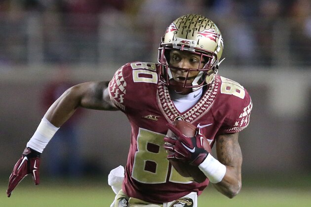 Florida State's Rashad Greene looks up field for extra yards after a catch against Virginia in an NCAA college football game, Saturday, Nov. 8, 2014, in Tallahassee, Fla. Florida State won the game 34-20. (AP Photo/Steve Cannon)