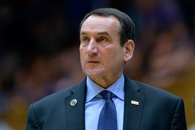 DURHAM, NC - NOVEMBER 04:  Head coach Mike Krzyzewski of the Duke Blue Devils watches his team play during their game against the Livingstone College Blue Bears at Cameron Indoor Stadium on November 4, 2014 in Durham, North Carolina. Duke won 115-58.  (Photo by Grant Halverson/Getty Images)