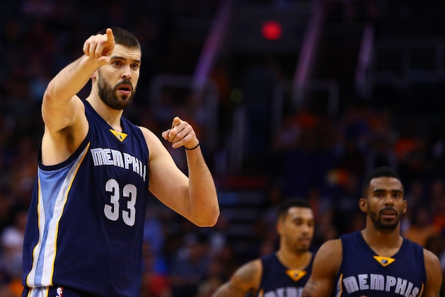 Nov 5, 2014; Phoenix, AZ, USA; Memphis Grizzlies center Marc Gasol (33) reacts against the Phoenix Suns at US Airways Center. The Grizzlies defeated the Suns 102-91. Mandatory Credit: Mark J. Rebilas-USA TODAY Sports