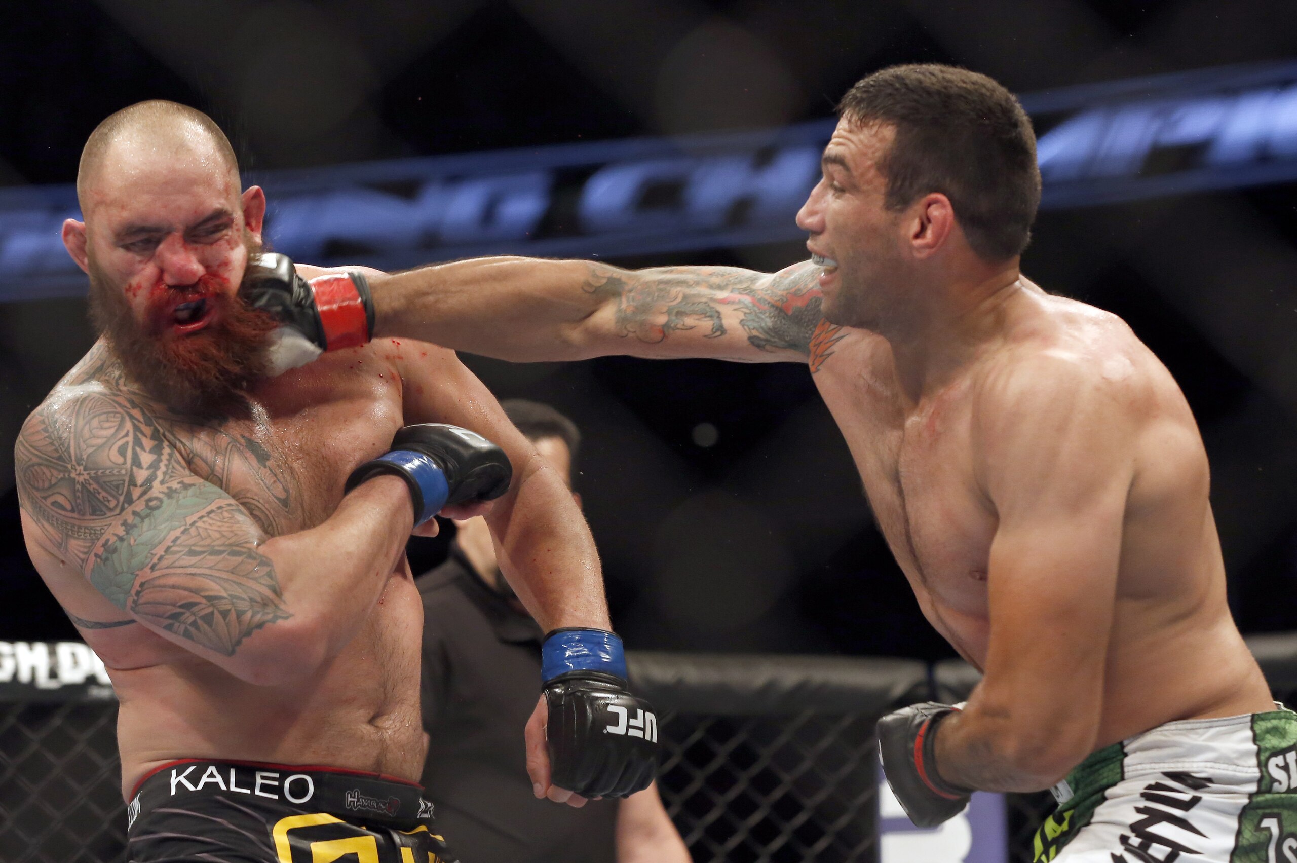 Fabricio Werdum, right, hits Travis Browne during a UFC mixed martial arts bout on Saturday, April 19, 2014, in Orlando, Fla. Werdum won. (AP Photo/Reinhold Matay)