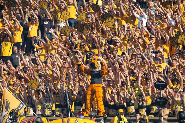 COLUMBIA , MO - OCTOBER 25:  Truman the Tiger performs and entertains the crowd during a game between the Vanderbilt Commodores and Missouri Tigers in the first quarter at Memorial Stadium on October 25, 2014 in Columbia, Missouri.  (Photo by Ed Zurga/Getty Images)